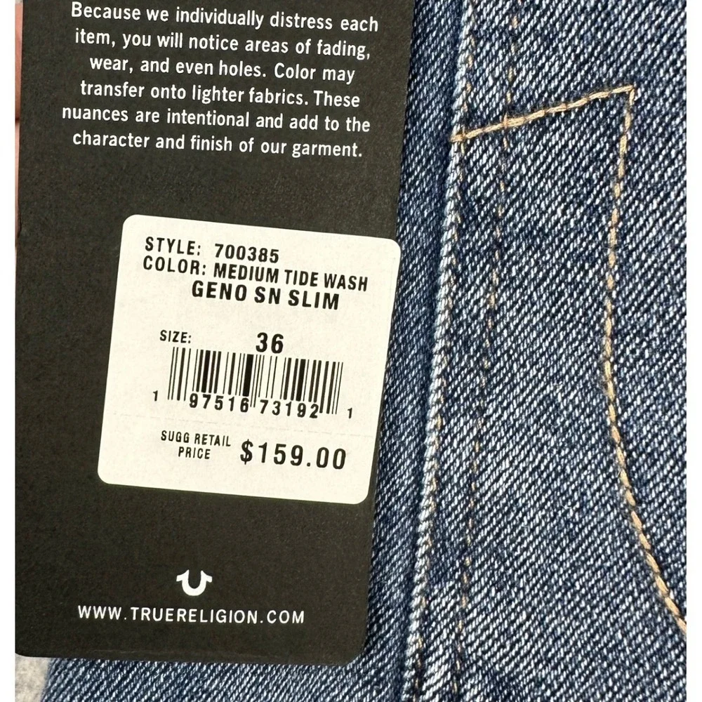 True Religion Mens Geno Relaxed Slim Fit Jeans 36 Blue Distressed Stretch NEW